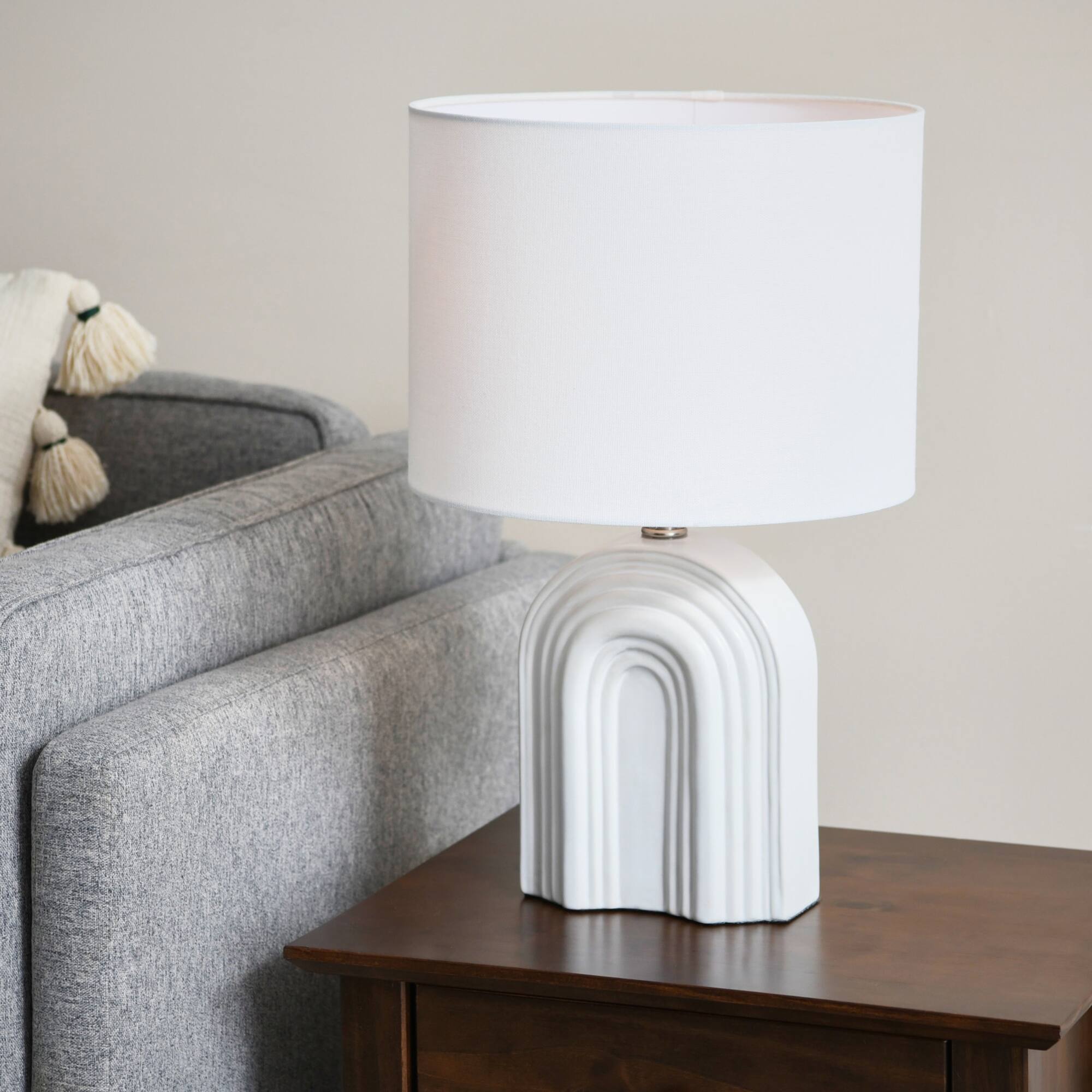 Hello Honey® 19" Carved Arch Stoneware Table Lamp with Linen Drum Shade